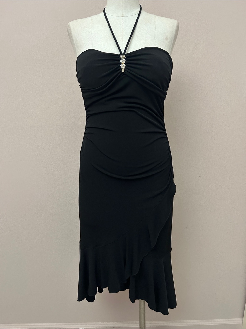 VTG Black Halter-Detail Ruched Midi Dress with ruffle asymmetrical skirt sz M